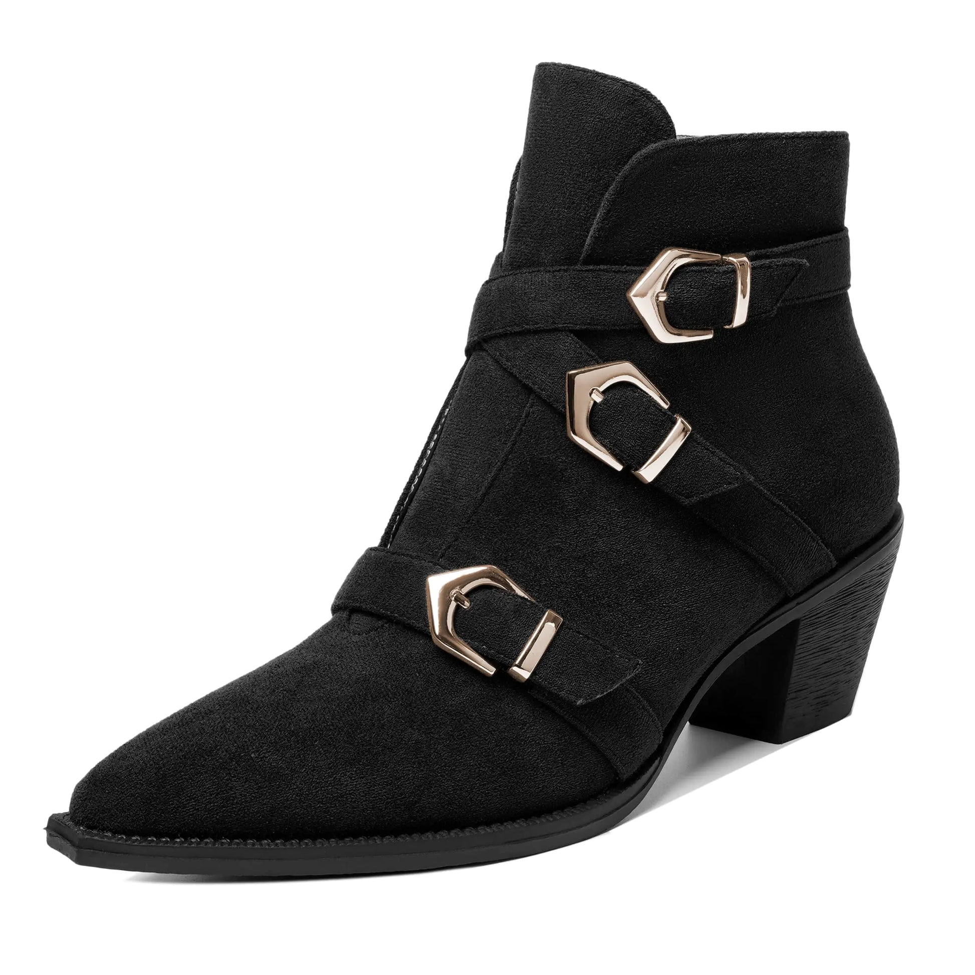 AMBELIGHT Womens Low Heel Chunky 2.5 Inch Bukcle School Pointed Toe Zip Ankle High Fashion Suede Boots Black Size 7 - Zapatos de Mujer de Tacon
